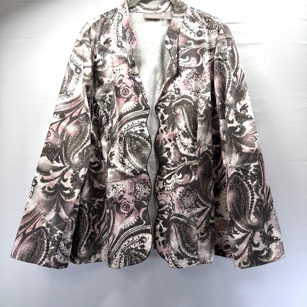 Chicos Women's Jacket Size XL Pink Brown Paisley Long Sleeves Open Unlined